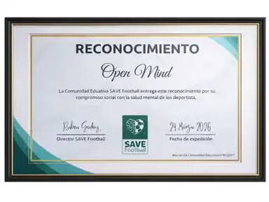 Diploma de reconocimiento de la Comunidad Educativa SAVE Football a Open Mind, 24 de marzo de 2026